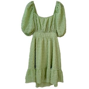 Puff Sleeve Dress Square Neck Waffle Chiffon Tie Back Green Size Large